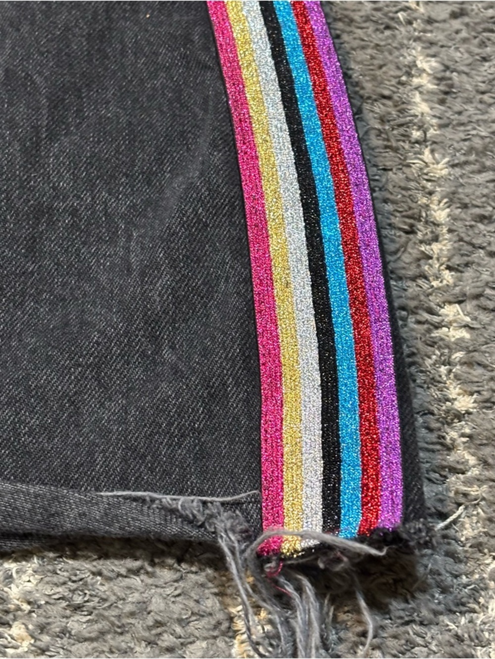 Topshop MOTO, Denim Mini Skirt Rainbow Glitter Stripe, Distressed  Jean, Size 6 - Picture 5 of 10